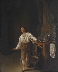 A Violin Player In An Interior With A Pewter Tankard, Jug And Platter On A Table Before A Column by Maerten Stoop