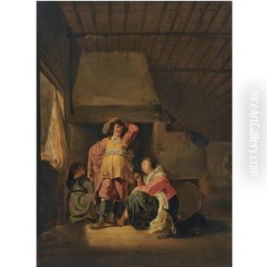 An Interior Scene With A Officer And A Seated Woman Smoking A Pipe by Maerten Stoop