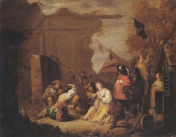 Soldiers And Camp Followers Playing Cards Amidst Ruins - view 1