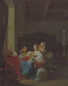 Interieur Mit Einer Jungen Frau, Die Von Einer Magd Geschmuckt Wird Interieur Mit Einer Jungen Frau, Die Von Einer Magd Geschmuckt Wird