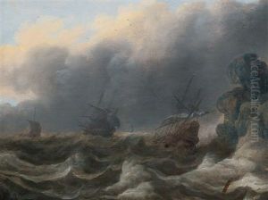 Ships In A Stormy Sea Near A Cliff by Cornelis Leonardsz Stooter