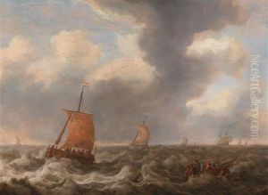 Ships And A Fishing Boat On A Choppy Sea by Cornelis Leonardsz Stooter