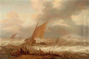 Schiffe Auf Bewegter See, Im Vordergrund Ein Boot Mit Fischern by Cornelis Leonardsz Stooter