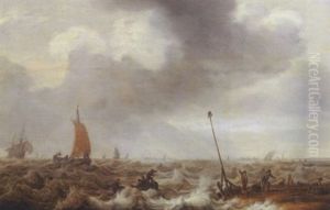 Shipping In Choppy Seas With Fishermen On The Shore In The Right Foreground, A Town Beyond Shipping In Choppy Seas With Fishermen On The Shore In The Right Foreground, A Town Beyond