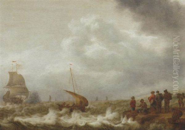 Shipping Off The Coast In A Stiff Breeze, Figures On The Shoreline In The Foreground - view 1