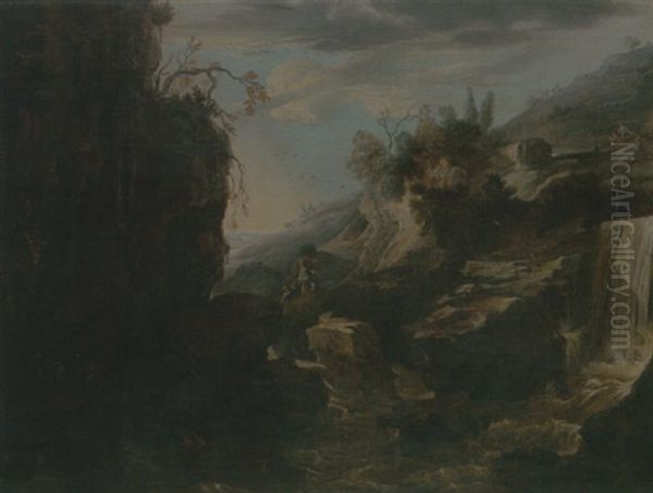 A Rocky River Landscape With Figures Climbing By A Waterfall - view 1