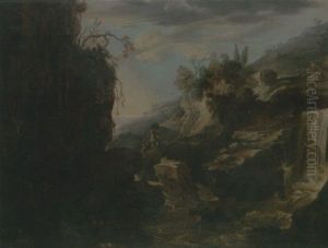 A Rocky River Landscape With Figures Climbing By A Waterfall by Cornelis Leonardsz Stooter