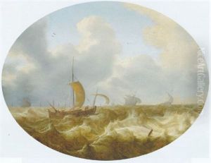 A Smalschip Running Before The Wind Offshore,other Shipping Beyond, As A Storm Approaches by Cornelis Leonardsz Stooter