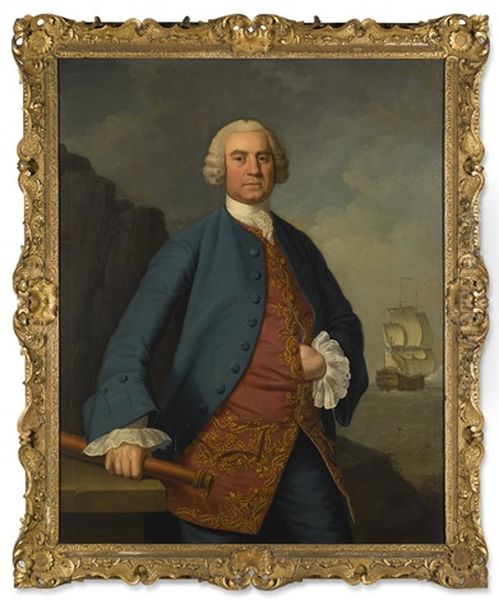 Portrait Of A Naval Captain, Traditionally Identified As George Belsches, Three-quarter-length, Standing, Wearing A Blue Coat Over An Embroidered Red Waistcoat, His Telescope In His Right Hand, A Man At War At Sea Beyond - view 1