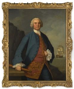 Portrait Of A Naval Captain, Traditionally Identified As George Belsches, Three-quarter-length, Standing, Wearing A Blue Coat Over An Embroidered Red Waistcoat, His Telescope In His Right Hand, A Man At War At Sea Beyond