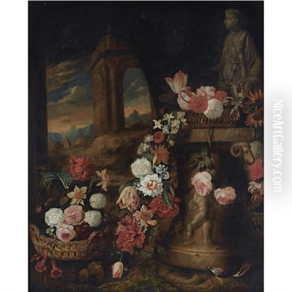 A Still Life Of Roses, Daffodils, Parrot Tulips, Snowballs And Other Flowers In Baskets And A Garland On A Sculpted Column, Near A Classical Statue - view 1
