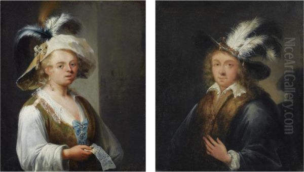 Portrait Of A Lady, Half Length, Wearing A Pastoral Dress With A Wide-brimmed Feathered Hat, Holding A Music Sheet - view 1