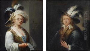Portrait Of A Lady, Half Length, Wearing A Pastoral Dress With A Wide-brimmed Feathered Hat, Holding A Music Sheet