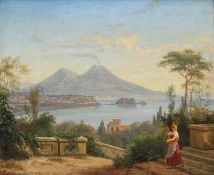 Italian Coastline With A Young Woman On A Staircase And Vesuvius In The Distance