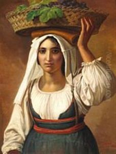 Portrait Of An Italian Woman Holding A Basket With Grapes On Her Head