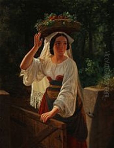 An Italian Woman Carrying A Basket Filled With Fruit - view 1