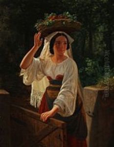 An Italian Woman Carrying A Basket Filled With Fruit by Frederik Ludwig Storch