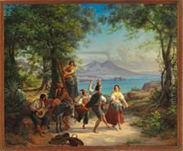 Italian Orange Pickers, Dancing And Playing Music At The Bay Of Naples - view 1