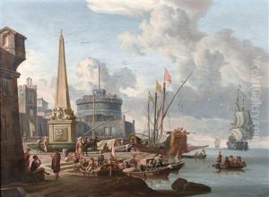 A Fortified Mediterranean Port With An Obelisk And A Galley Moored Nearby
