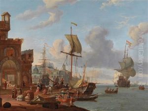 A Mediterranean Seaport With A Man-of-war And Other Ships Off The Coast With Numerous Figures by Abraham Jansz. Storck