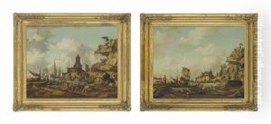 A Mediterranean Coastal Landscape With English Men-of-war And Figures Loading Boats, A Fortress Beyond; And A Mediterranean Coastal Landscape With A Dutch Man-of-war And Figures In Oriental Costume Resting Or Fishing (pair)
