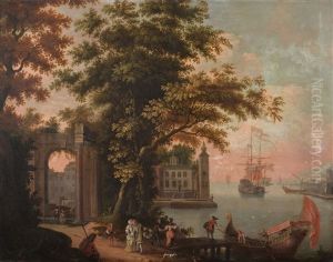 A Mediterranean Port With A Party Of Figures Standing By A Jetty Boarding A Rowing Boat by Jacobus Storck