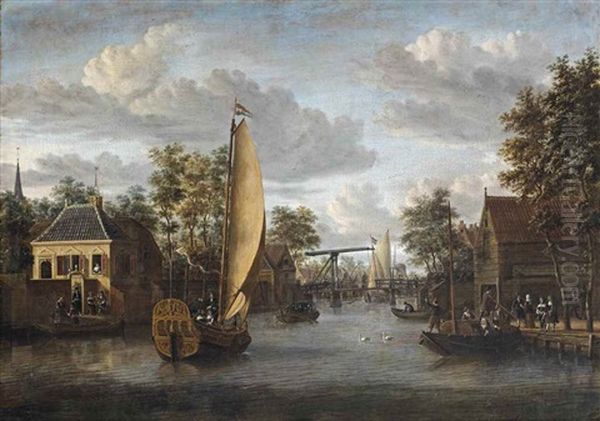 A View Of The River Oude Rijn In Alphen Aan Den Rijn, With An Elegant Company In A Yacht And Other Figures Strolling Along The River And On Boats - view 1