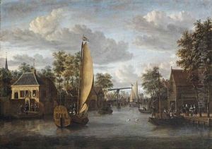 A View Of The River Oude Rijn In Alphen Aan Den Rijn, With An Elegant Company In A Yacht And Other Figures Strolling Along The River And On Boats by Jacobus Storck