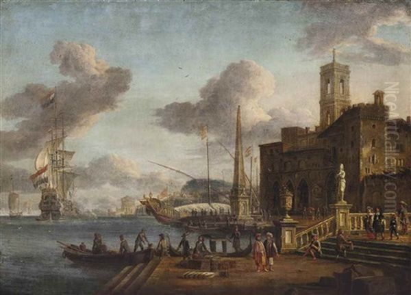 A Mediterranean Harbour Scene With Figures In Oriental Dress, Shipping Beyond - view 1