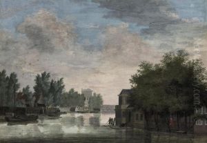 A View Of A River Running Through A City by Leendert Brasser