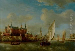 Paysage De Riviere Avec Un Chateau Sur La Gauche Et Des Navires Hollandais Quittant Le Port