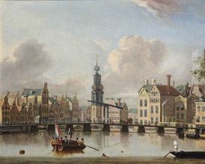 A View Of The Munt, Amsterdam With Figures In Boats And Swimming In The Canal