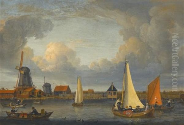 A River Landscape With Fishermen In Rowing Boats, Windmills Beyond - view 1