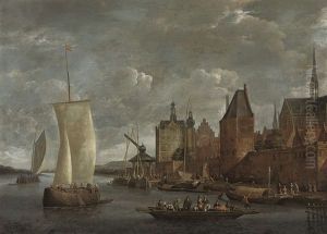 A River Landscape With Travellers On A Ferry Boat And Other Shipping By A Quayside A River Landscape With Travellers On A Ferry Boat And Other Shipping By A Quayside