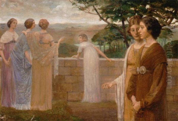 Ladies Standing On A Terrace Above An Extensive Landscape - view 1