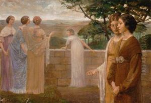 Ladies Standing On A Terrace Above An Extensive Landscape by Jorgen Storck