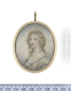 A Lady, Wearing White Dress Edged With Blue Embroidery, Her Lightly Powdered Hair Dressed With A Strand Of Pearls And Falling In Curls To Her Shoulders by John Stordy