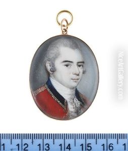 An Officer, Wearing Red Coat With Blue Collar, Gold Trim And Epaulettes, White Waistcoat, Frilled Lace Chemise, Stock And Powdered Wig by John Stordy