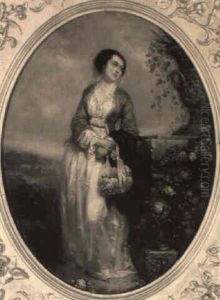 Portrait Of A Lady Wearing A Pink Silk Dress Holding A Bonnet Of Flowers