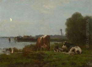 Vaches Dans Un Pre Au Clair De Lune by Pieter Stortenbeker