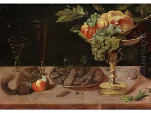 Stillleben Mit Fruchtschale, Zuckergeback, Glasern Und Einem Eichhornchen by Sebastian Stosskopf