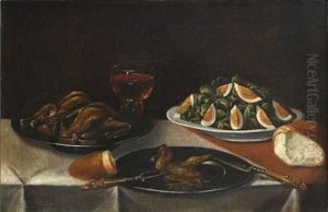 A Bowl Of Spinach And Eggs With A Pewter Dish Of Roasted Quails On A Draped Table by Sebastian Stosskopf