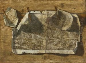 Trompe L'oeil Still Life Of Three Prints Pinned To A Rope, Affixed To A Wood Board by Sebastian Stosskopf