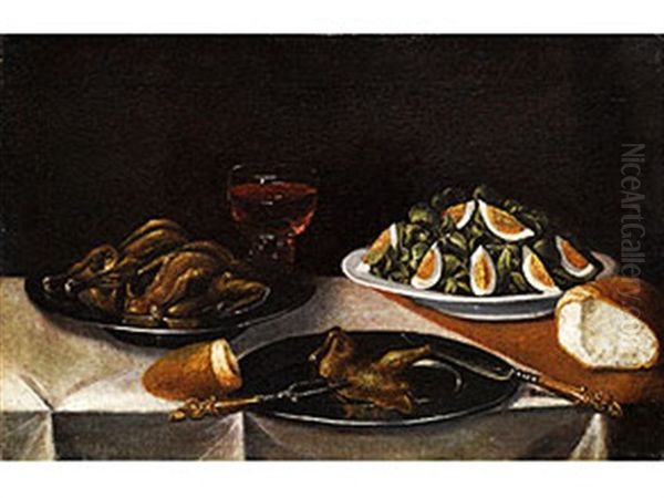 Stilleben Mit Gebratenem Geflugel, Weinglas, Salat Und Brot - view 1