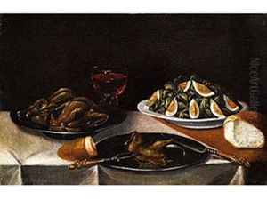 Stilleben Mit Gebratenem Geflugel, Weinglas, Salat Und Brot by Sebastian Stosskopf
