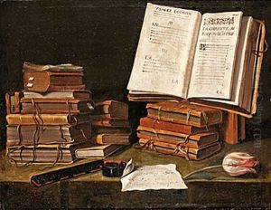 Stilleben Med Bocker, Skrivdon Och Tulpan by Sebastian Stosskopf