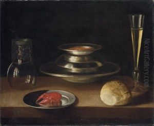 Bread, A Carafe Of Wine, An Upturned Roemer And A Crayfish On A Plate With A Bowl Of Soup And Glass Of Wine by Sebastian Stosskopf
