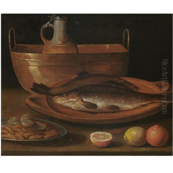 A Still Life With Carp On A Plate, A Pitcher In A Bucket, Almonds And Citrus Fruits On A Table - view 1