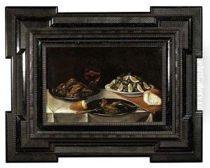 Fruhstucksstilleben Mit Gebratenem Geflugel, Salat, Brot Und Einem Romer Fruhstucksstilleben Mit Gebratenem Geflugel, Salat, Brot Und Einem Romer