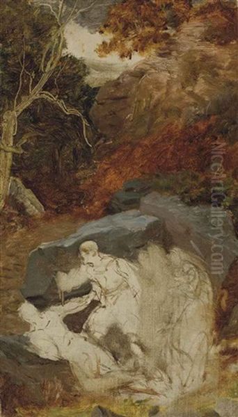 A Wooded Landscape With Figures Hiding By Rocks - view 1